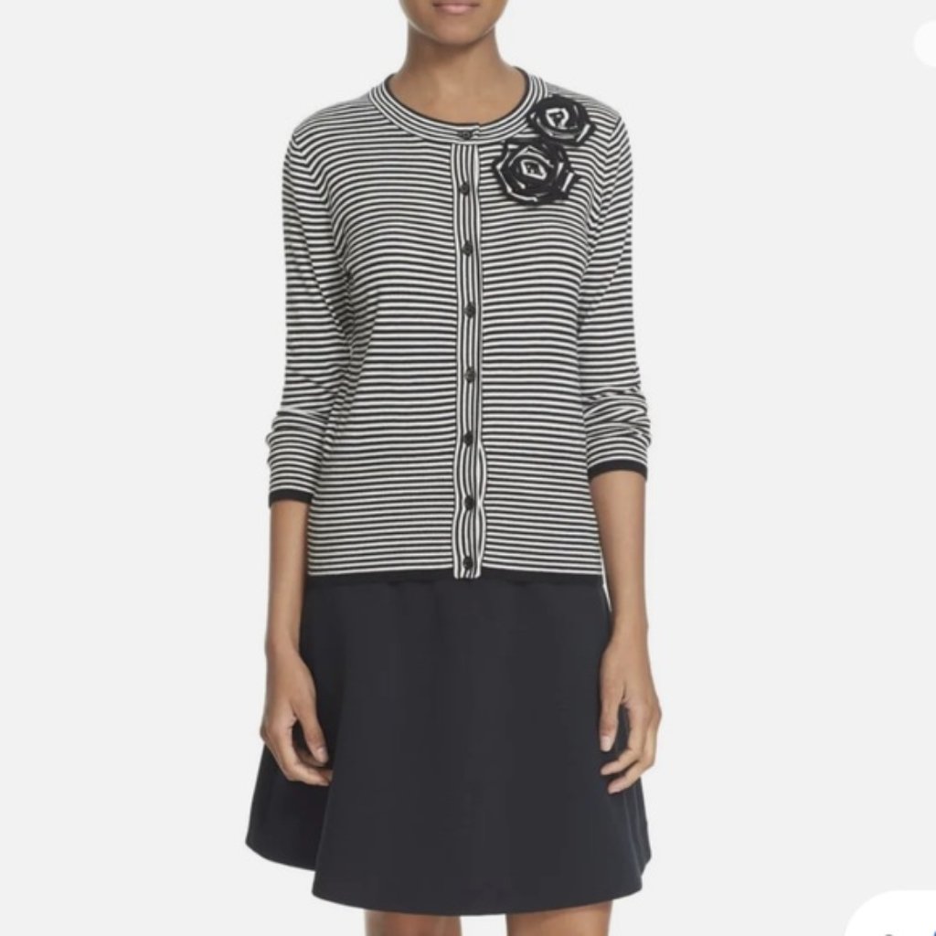 Kate Spade Jazzthings Up Rosette Cashmere Roses Stripe Cardigan Cotton Sweater L